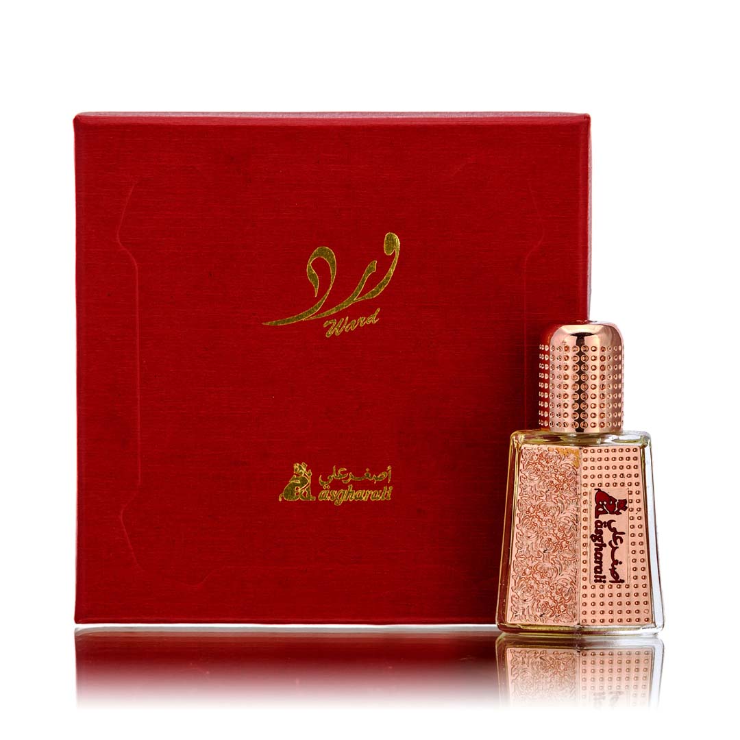 Ward Attar 6ML bottle displayed in front of a luxurious red box with gold Arabic calligraphy.