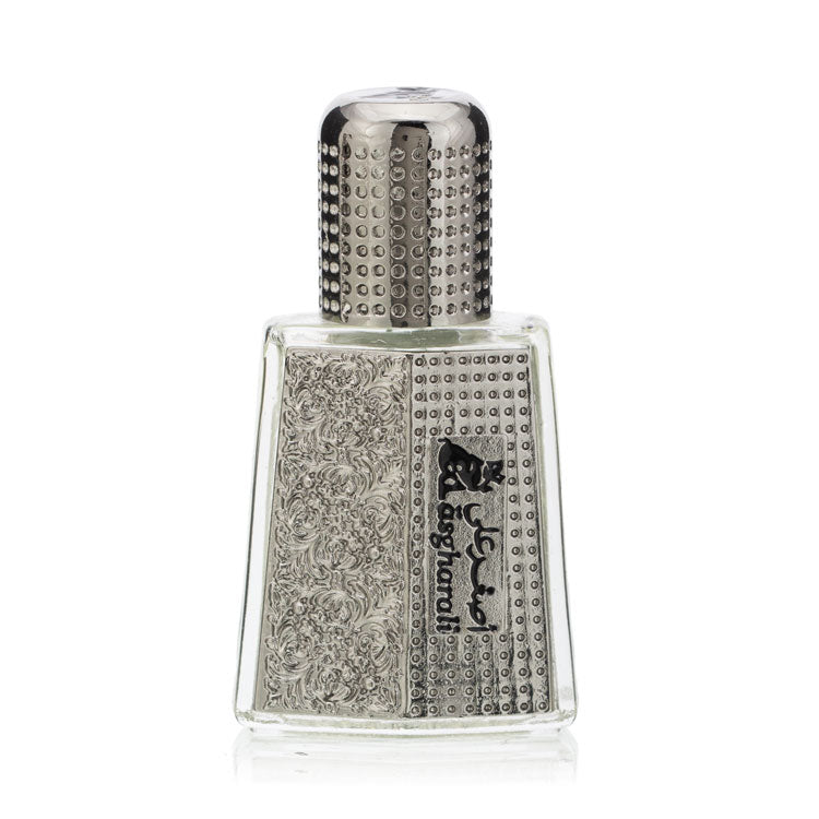 A 6ML bottle of Musk Attar with a silver cap and a label featuring intricate designs and the brand name.