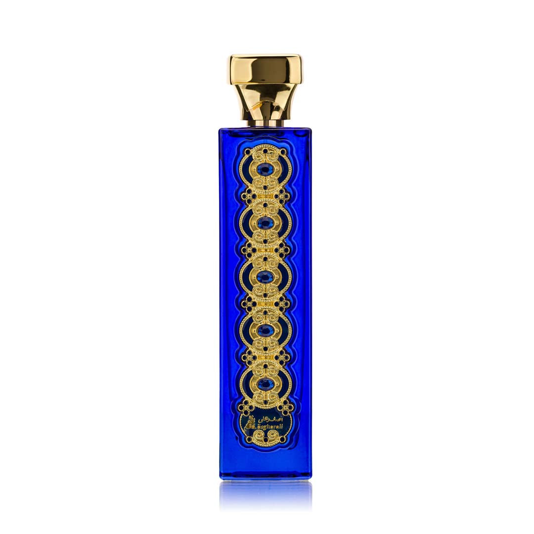 Tall, rectangular 100ml blue perfume bottle with intricate gold Arabic geometric pattern and a gold cap, standing upright on a white background