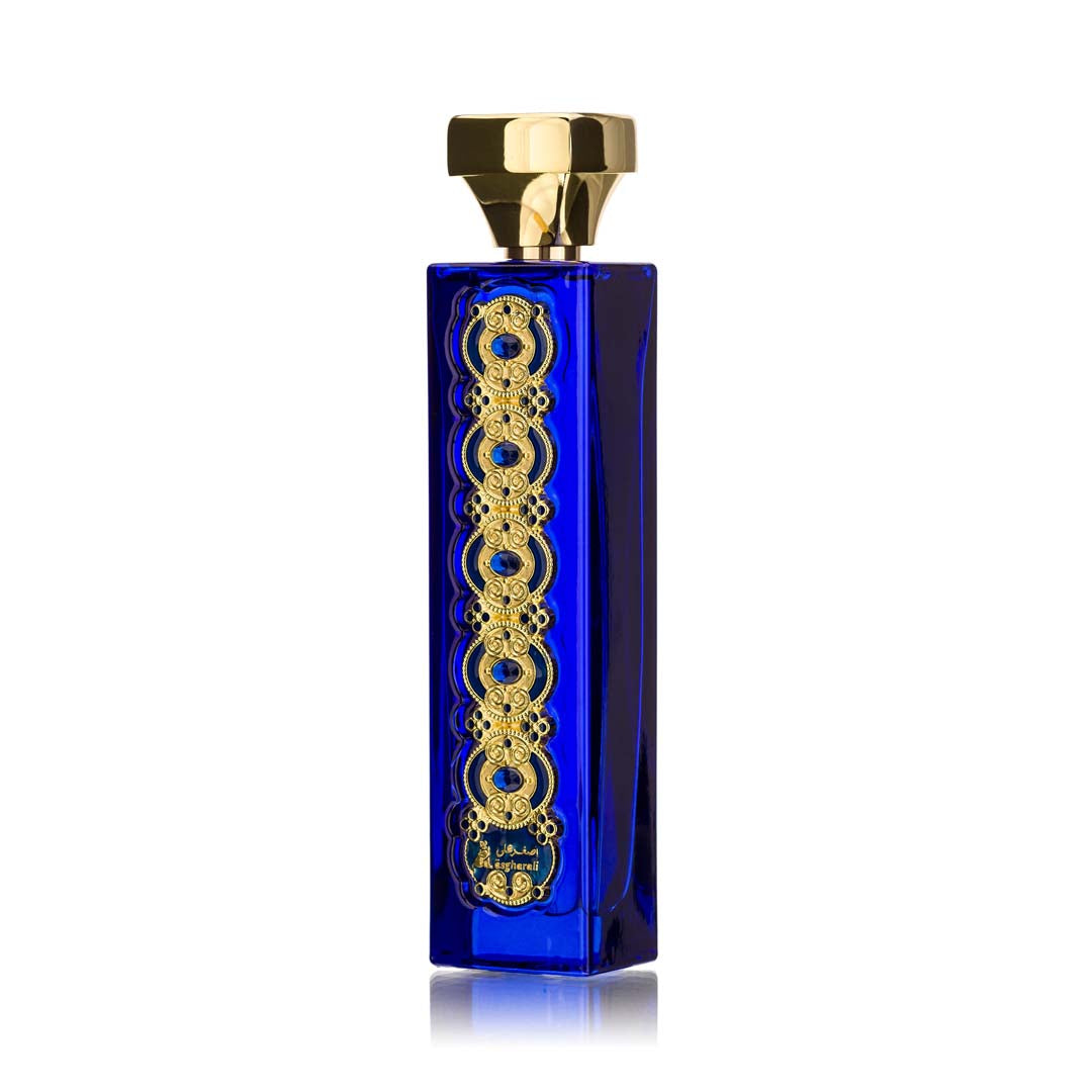 Side-angled view of the Samiatul Khuluq 100ml blue perfume bottle showcasing its gold detailing and metallic cap