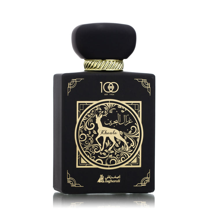 Ghazal Al Bahrain 100ml EDP – Luxury black perfume bottle with gold floral design by Asgharali
