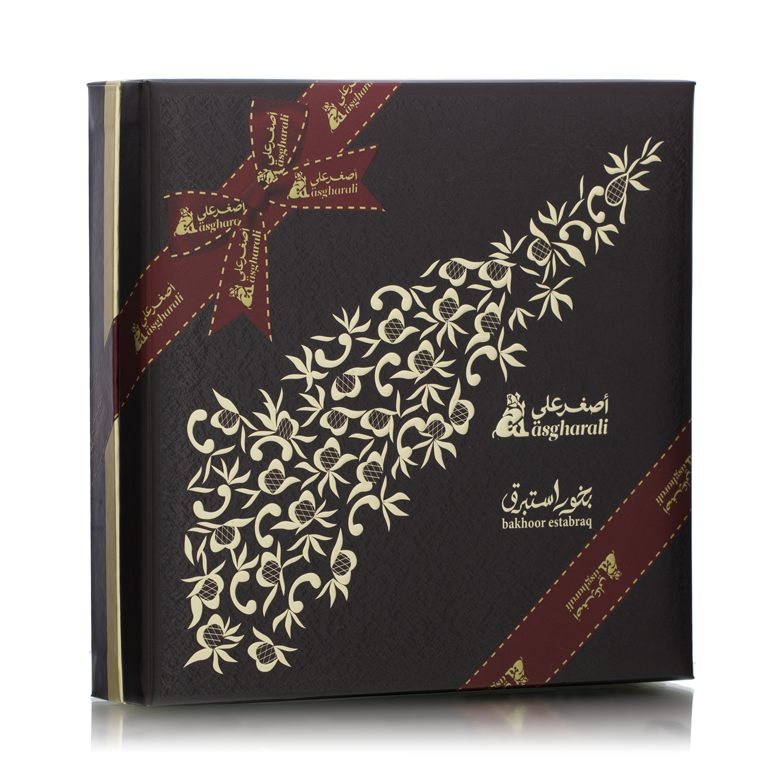 Side angle view of Bakhoor Estabraq decorative packaging