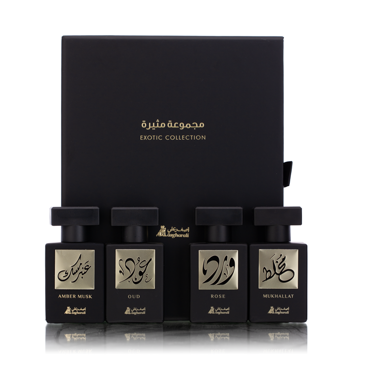 Exotic Collection Mini Series gift set featuring four 30ML black square perfume bottles with Arabic calligraphy labels, elegantly arranged in a matte black presentation box