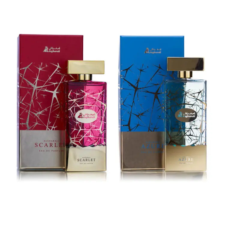Two perfume bottles, one labeled 'Scarlet' with a pink cap and the other 'Azure' with a blue cap, both against a white background.