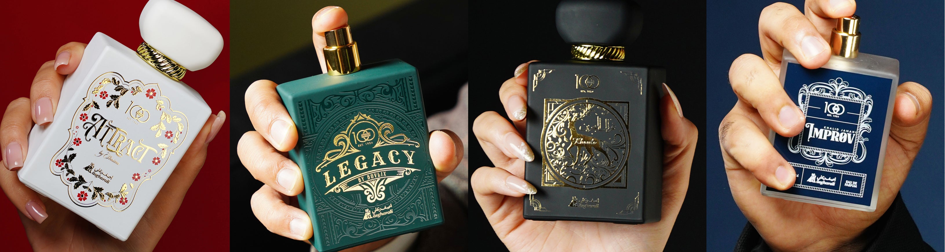 Hand-held perfume bottles from Asgharali’s Premium Collection, featuring Attract, Legacy, Maheeb, and Imperium scents, shown against a vibrant backdrop.