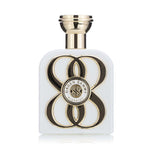 Perfume bottle with gold and black design on a white background