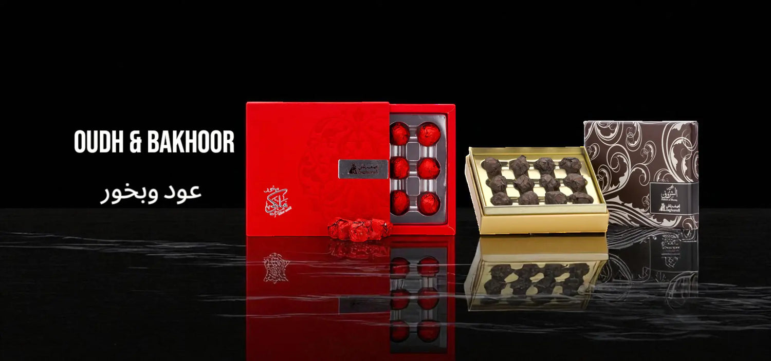 Asgharali Oudh & Bakhoor Banner – premium red and brown bakhoor gift boxes with intricate packaging, promoting the traditional incense collection
