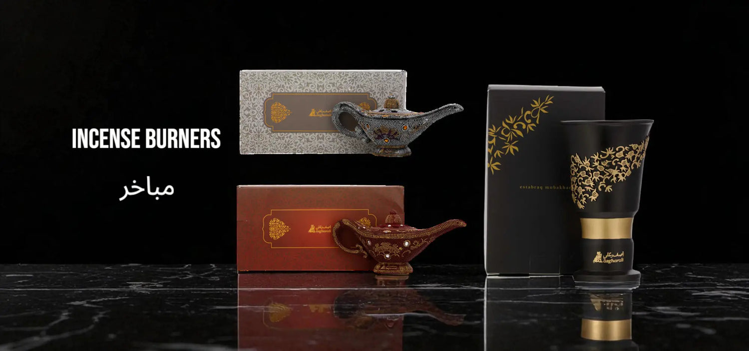 Asgharali Incense Burners Banner – luxury bakhoor burners in elegant designs with decorative packaging, ideal for home fragrance rituals