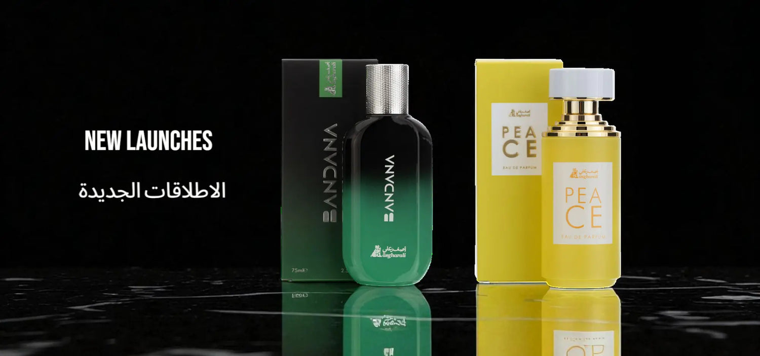 Asgharali New Fragrance Launches – Bandana and Peace perfumes displayed in elegant black and yellow bottles, part of the latest arrivals collection