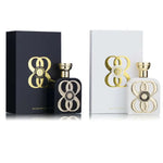 Two perfume bottles, one labeled 88 Men and the other 88 Women, with decorative boxes and gold accents on the labels.