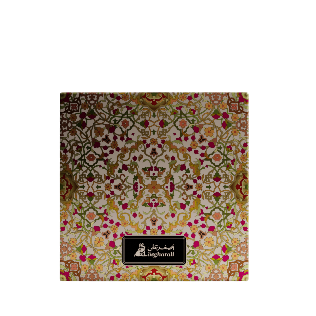 Top view of Bakhoor Enab 40GM box with colorful floral Islamic pattern and Asgharali logo