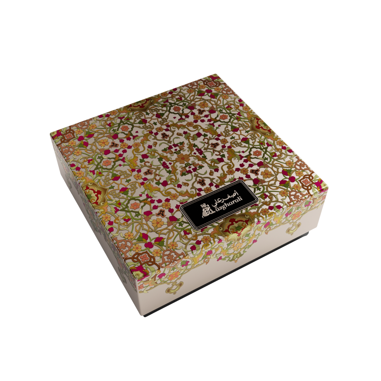 Decorative box with floral pattern and brand logo on a white background