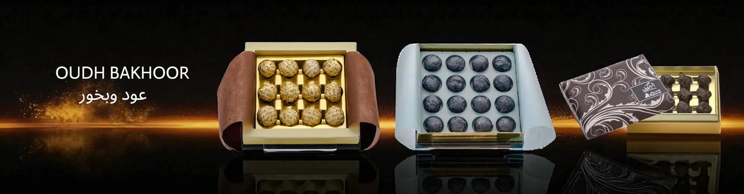 Three Oudh Bakhoor incense products with 'Oudh Bakhoor' text on a dark background