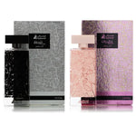 Two perfume bottles with dark liquid, one with a black textured cap and the other with a pink cap, both displayed in front of their respective boxes with text in Arabic.