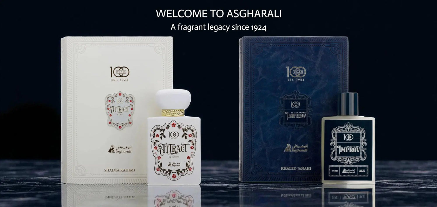 Asgharali perfume bottles and packaging on a dark background